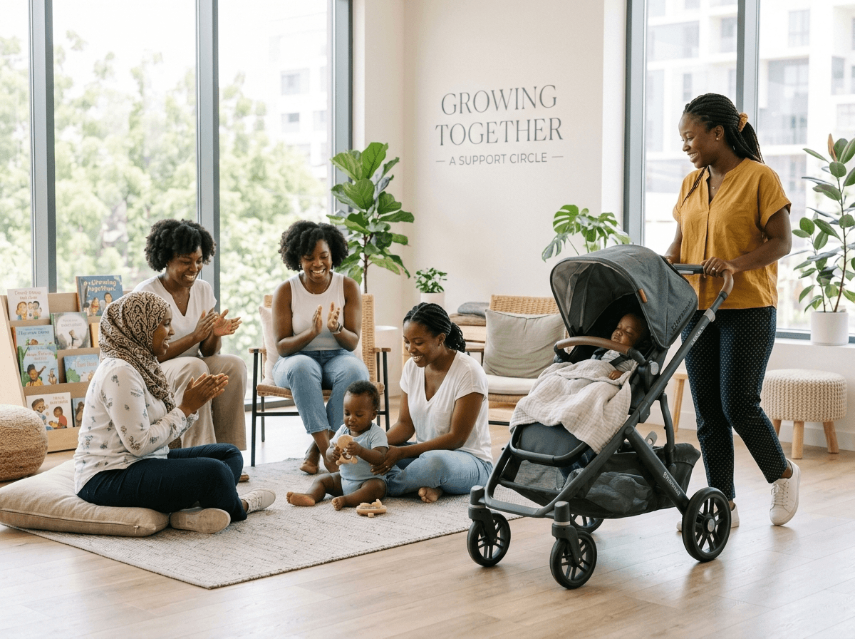 Mothers and care providers in a bright support circle